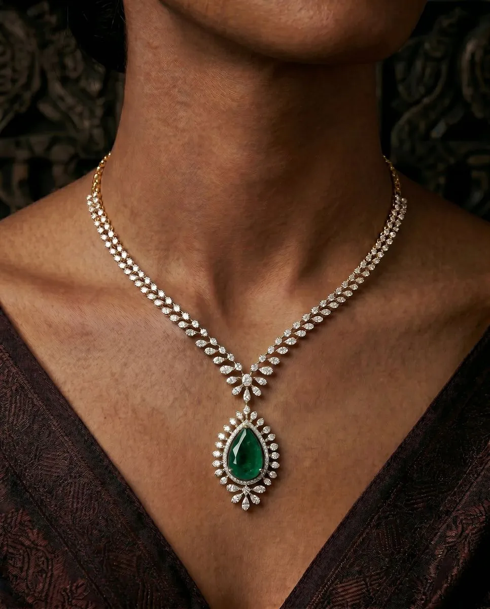 Diamond necklace 2 worn by model | Bharni