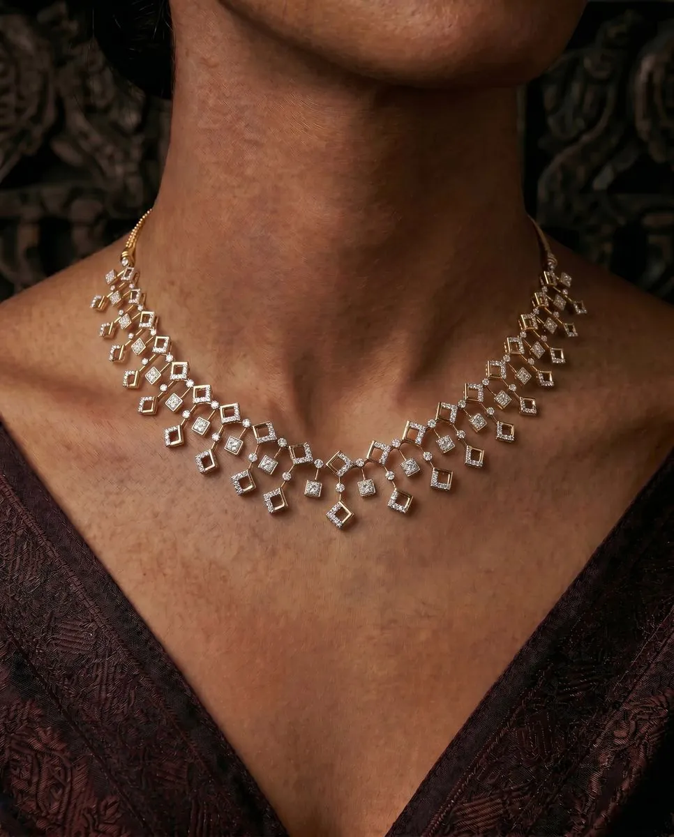 Diamond necklace 4 worn by model | Bharni