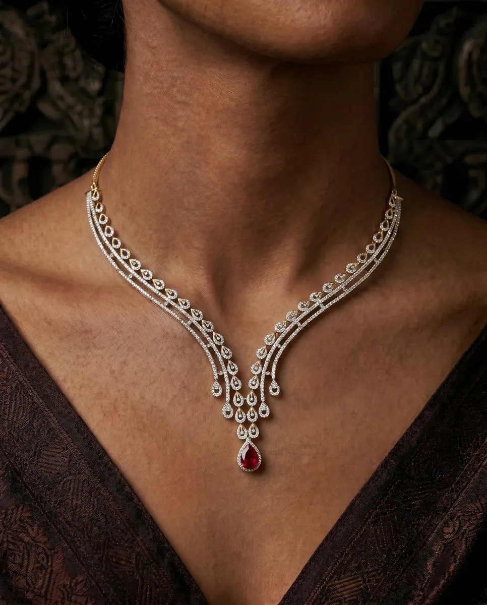 Diamond necklace 6 worn by model | Bharni