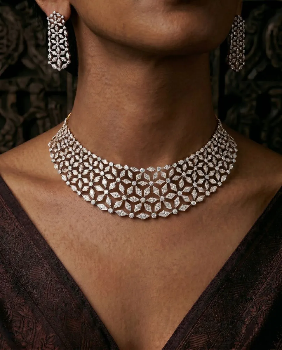 Diamond necklace 8 worn by model | Bharni