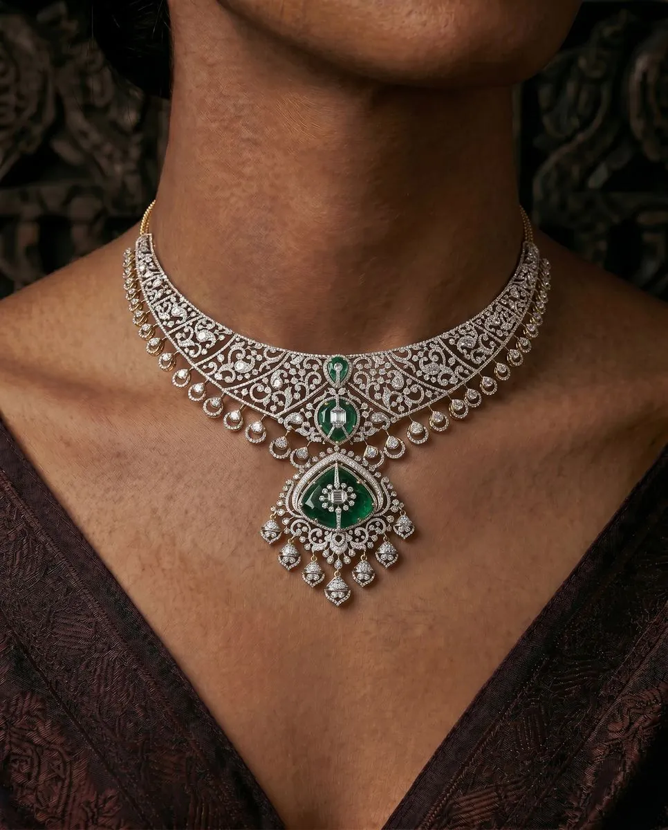 Diamond necklace 13 worn by model | Bharni